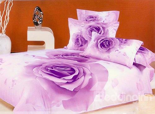 Hot Selling Luxurious Purple Rose Print 4 Piece Bedding Sets Feel Good Mattress