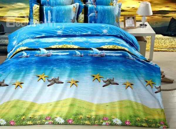 Beach Scenery Cute Starfish Printing 4-Piece Duvet Cover Sets